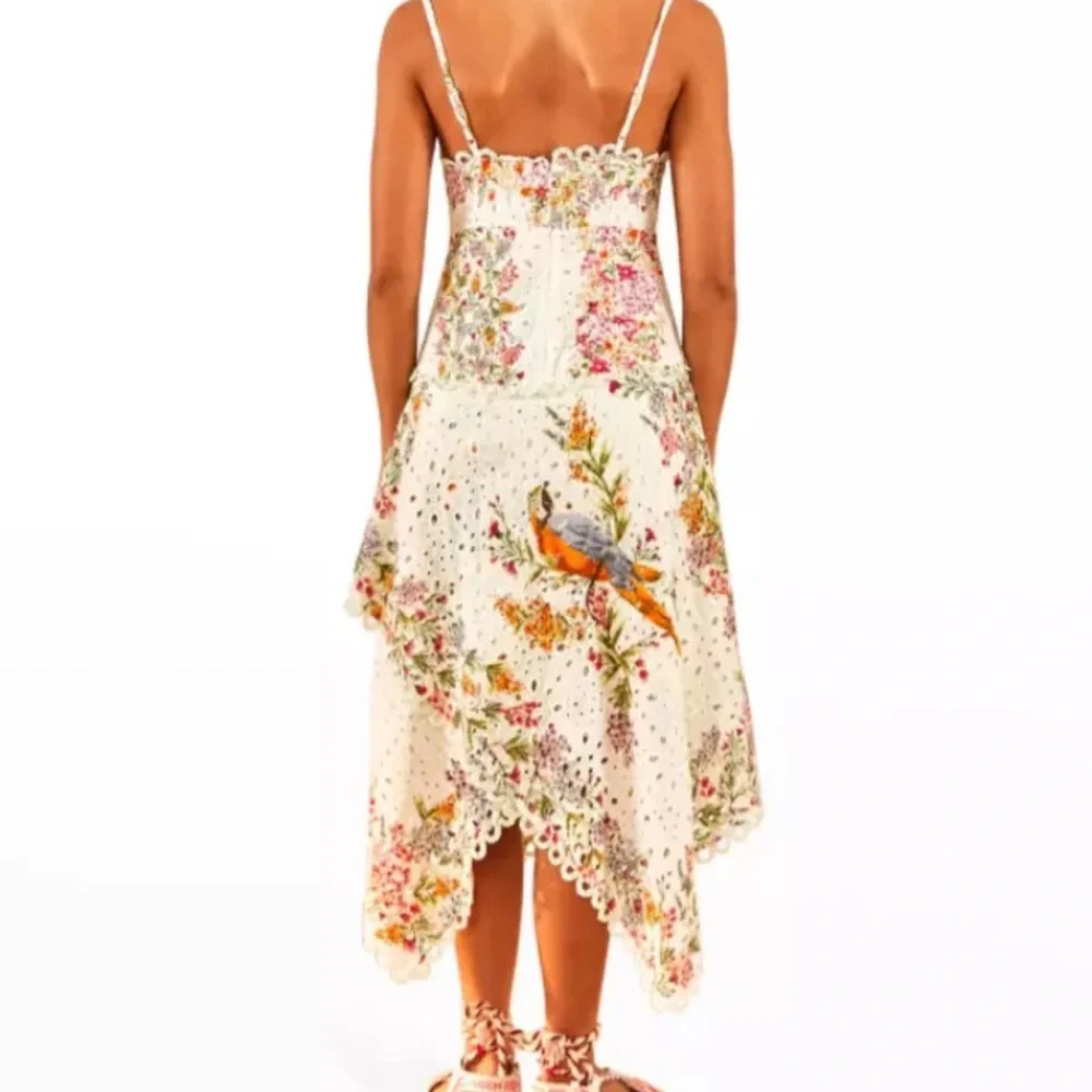 FARM RIO Delicate Forest Scarves Midi Dress XS Eyelet Lace Asymmetric Hi Low - Picture 4 of 14